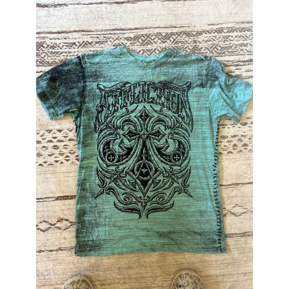 Vintage Men Affliction T Shirt Cross Teal Black Size Medium